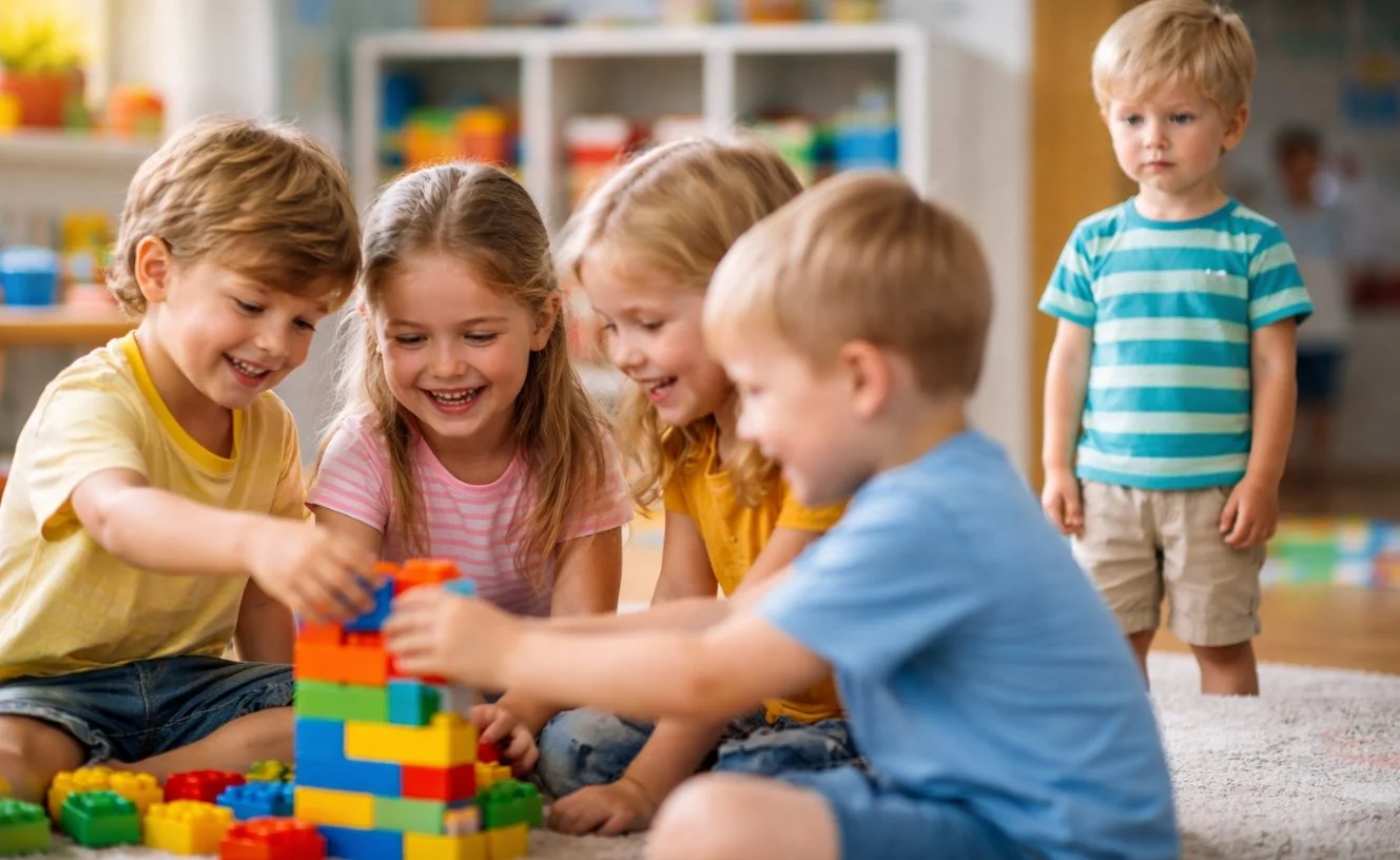 dziecko nie potrafi nawiązać relacji stoi obok grupy dzieci Niepołomice TUS